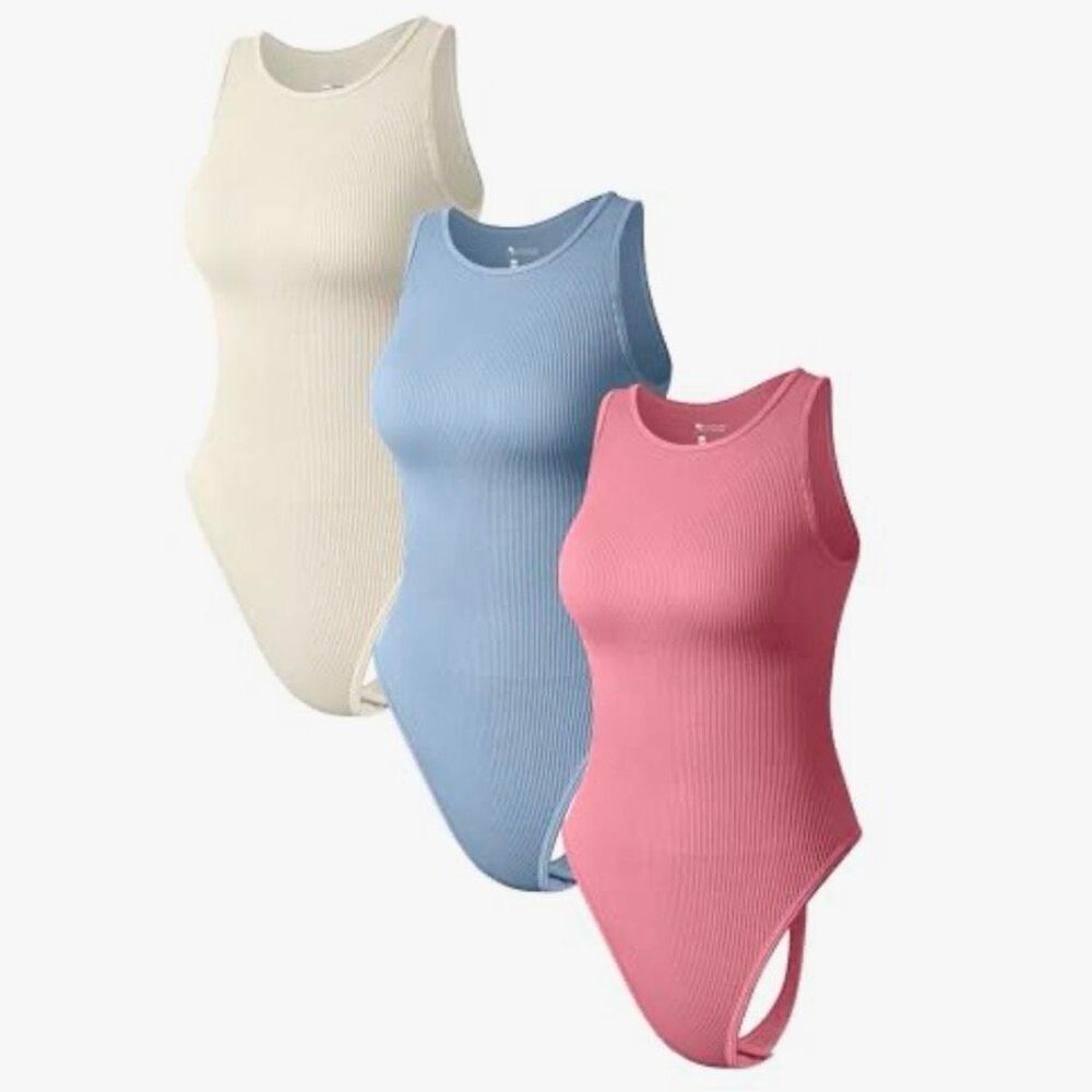 ALO Yoga Ribbed Tank Bodysuit Trio — Cream, Light Blue & Pink